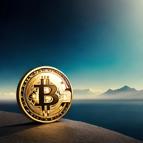 Eine Bitcoin-Münze in den Bergen