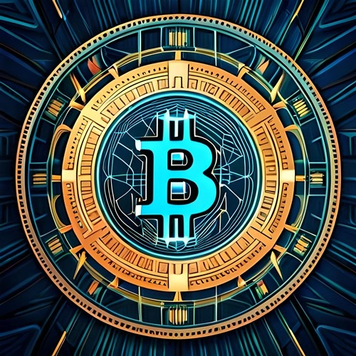 Ein Bitcoin in einem goldenen Kreis wie die Sonne dargestellt