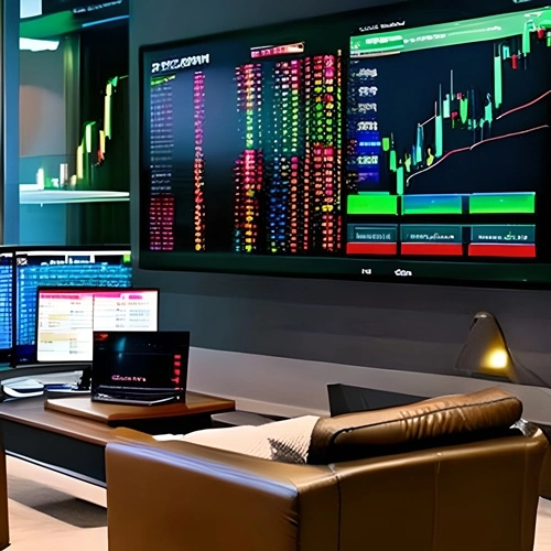 Bildschirme mit technischen Analysen von Krypto-Forex-Kurven