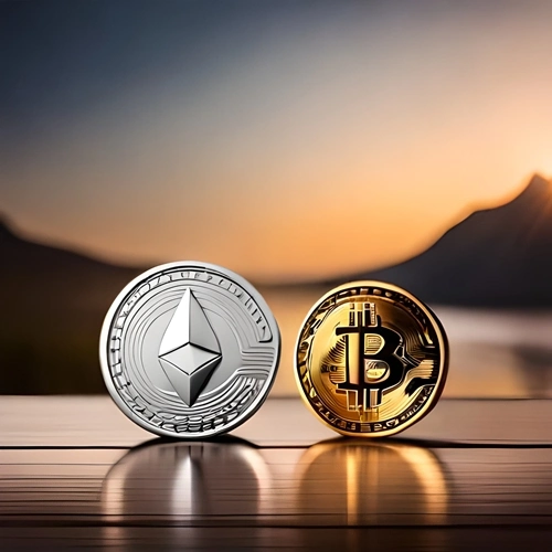 Eine Ethereum-Münze und eine Bitcoin-Münze