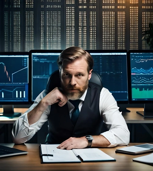 Ein Mann, der uns anschaut, inmitten eines Trading-Raums
