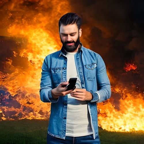 Ein Mann, der mit Feuer hinter sich wettet