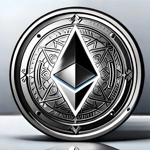 Eine silberne Ethereum-Münze im Vollbild