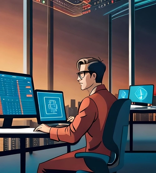 Ein sehr ernster sitzender Trader, der Optionen kauft und verkauft
