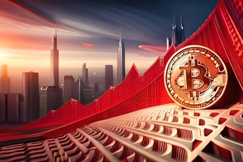 Eine Bitcoin-Münze über Trading-Symbolen